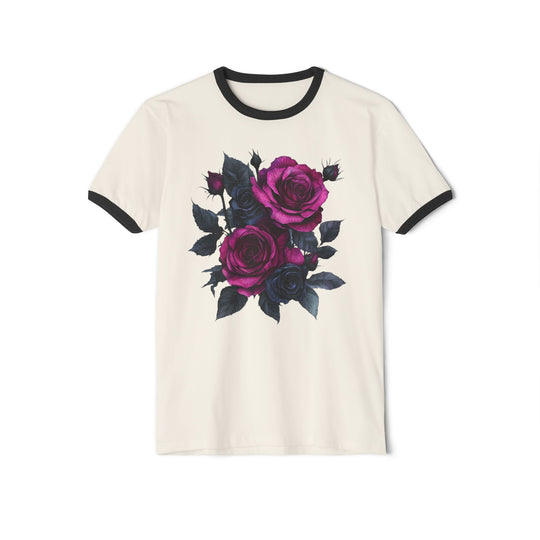 Pink &amp; Black Rose Floral Bouquet Ringer Tee | Vintage Romantic Graphic T-Shirt