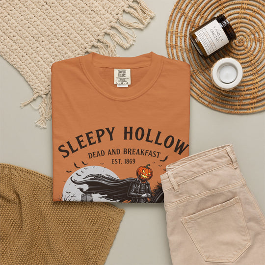 Sleepy Hollow Dead and Breakfast T-Shirt | Halloween Pumpkin Graphic Tee | Cute Autumn Thanksgiving Shirt