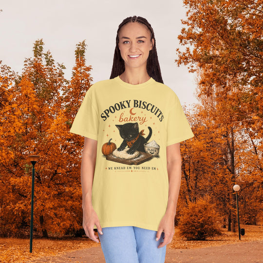 Funny Fall Spooky Biscuits T-Shirt | Cat Lovers Trendy Fall Shirt with "We Knead Them, You Need" Them Slogan