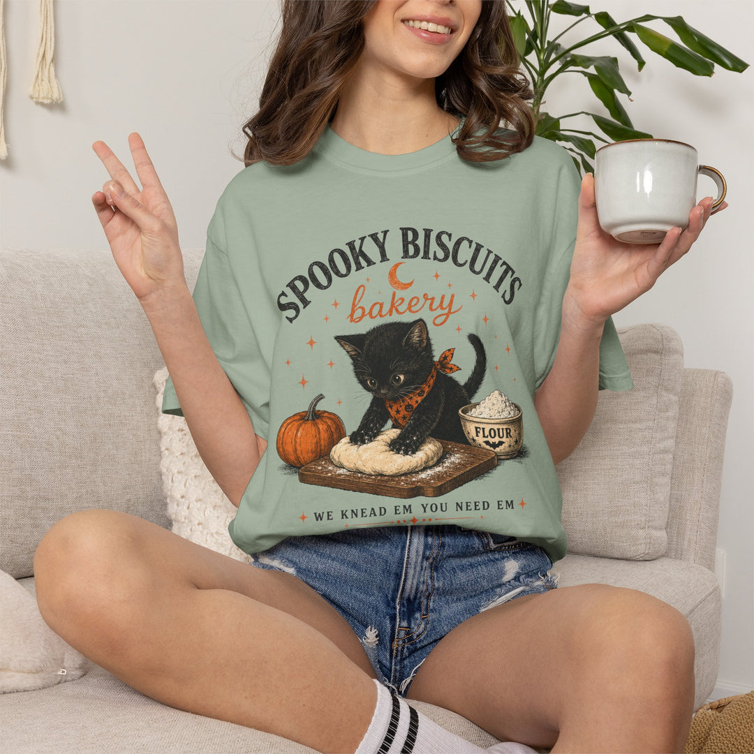 Funny Fall Spooky Biscuits T-Shirt | Cat Lovers Trendy Fall Shirt with "We Knead Them, You Need" Them Slogan