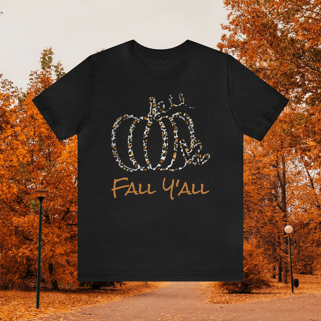 Fall Y'all Autumn T-Shirt with Pumpkin Design and Leopard Spots