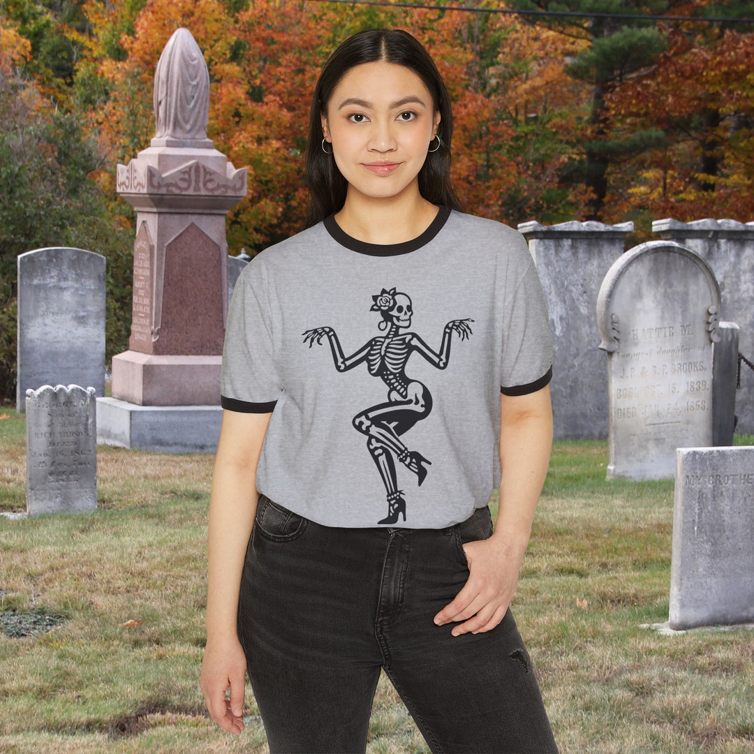 Dancing Pin-Up Skeleton Ringer Tee | Retro Halloween Skull Shirt