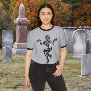 Dancing Pin-Up Skeleton Ringer Tee | Retro Halloween Skull Shirt