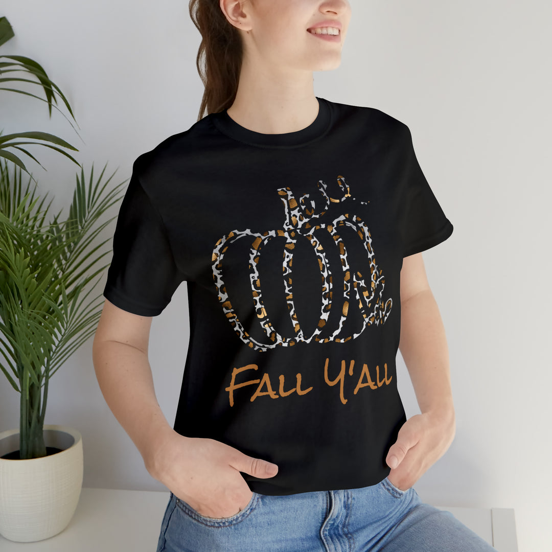 Fall Y'all Autumn T-Shirt with Pumpkin Design and Leopard Spots