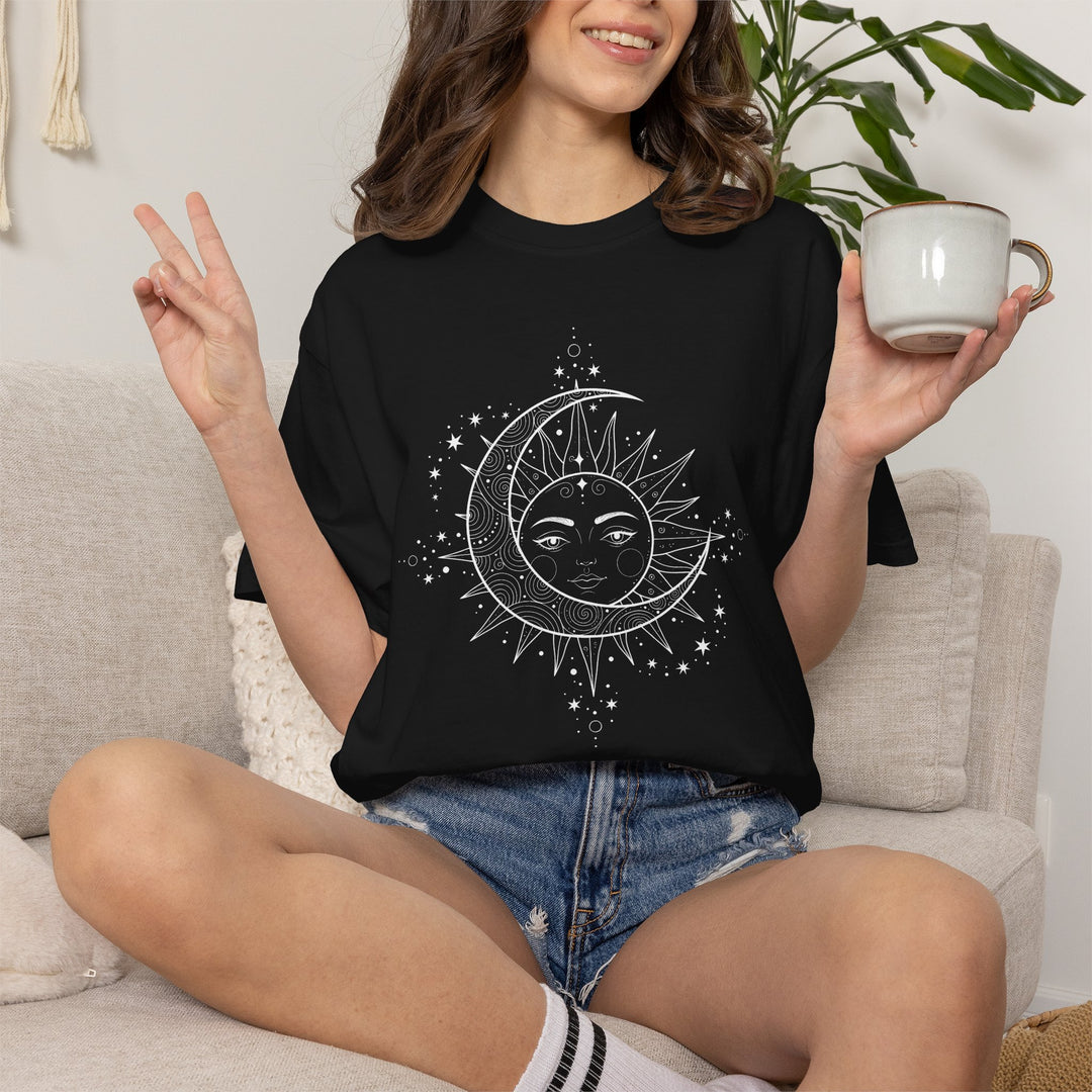 Celestial Boho Moon &amp; Sun Line T-Shirt | Mystical Spiritual Graphic Tee