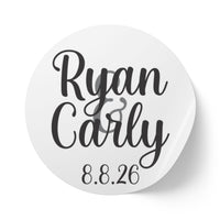 Script Names with Date Round Wedding Name Labels | Roll of 50, 100, 250 Stickers