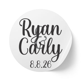 Script Names with Date Round Wedding Name Labels | Roll of 50, 100, 250 Stickers