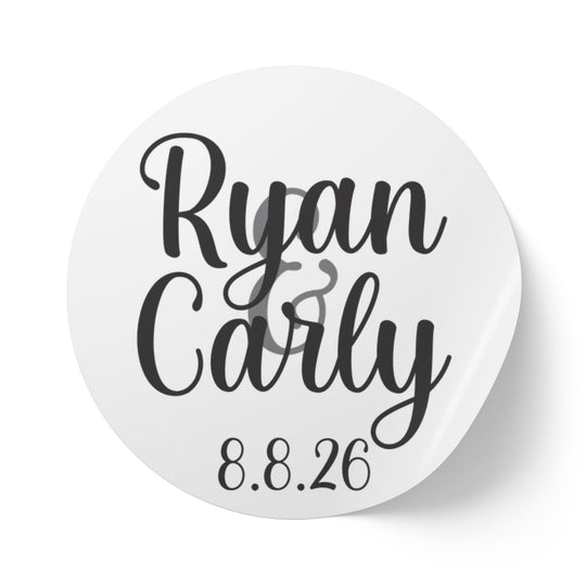 Script Names with Date Round Wedding Name Labels | Roll of 50, 100, 250 Stickers