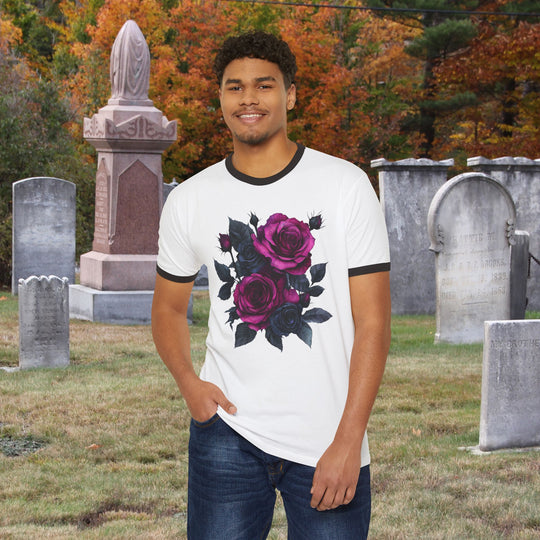 Pink &amp; Black Rose Floral Bouquet Ringer Tee | Vintage Romantic Graphic T-Shirt