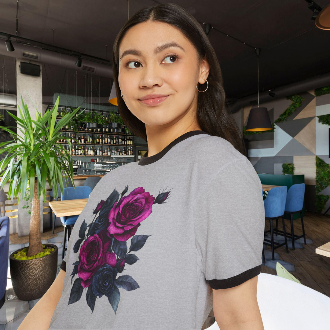 Pink &amp; Black Rose Floral Bouquet Ringer Tee | Vintage Romantic Graphic T-Shirt