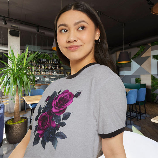 Pink &amp; Black Rose Floral Bouquet Ringer Tee | Vintage Romantic Graphic T-Shirt