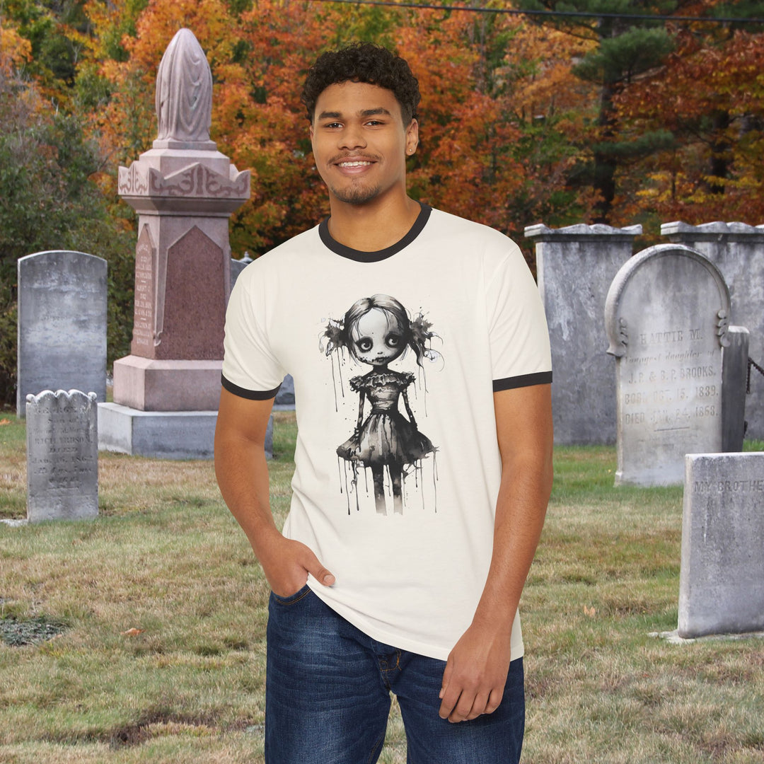Creepy Watercolor Doll Fall Ringer Tee | Halloween Horror Graphic T-Shirt