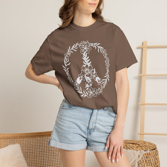 Peace Sign BOHO Floral Heart T-Shirt | Fall Flowers &amp; Hearts Comfort Colors® Tee for Women