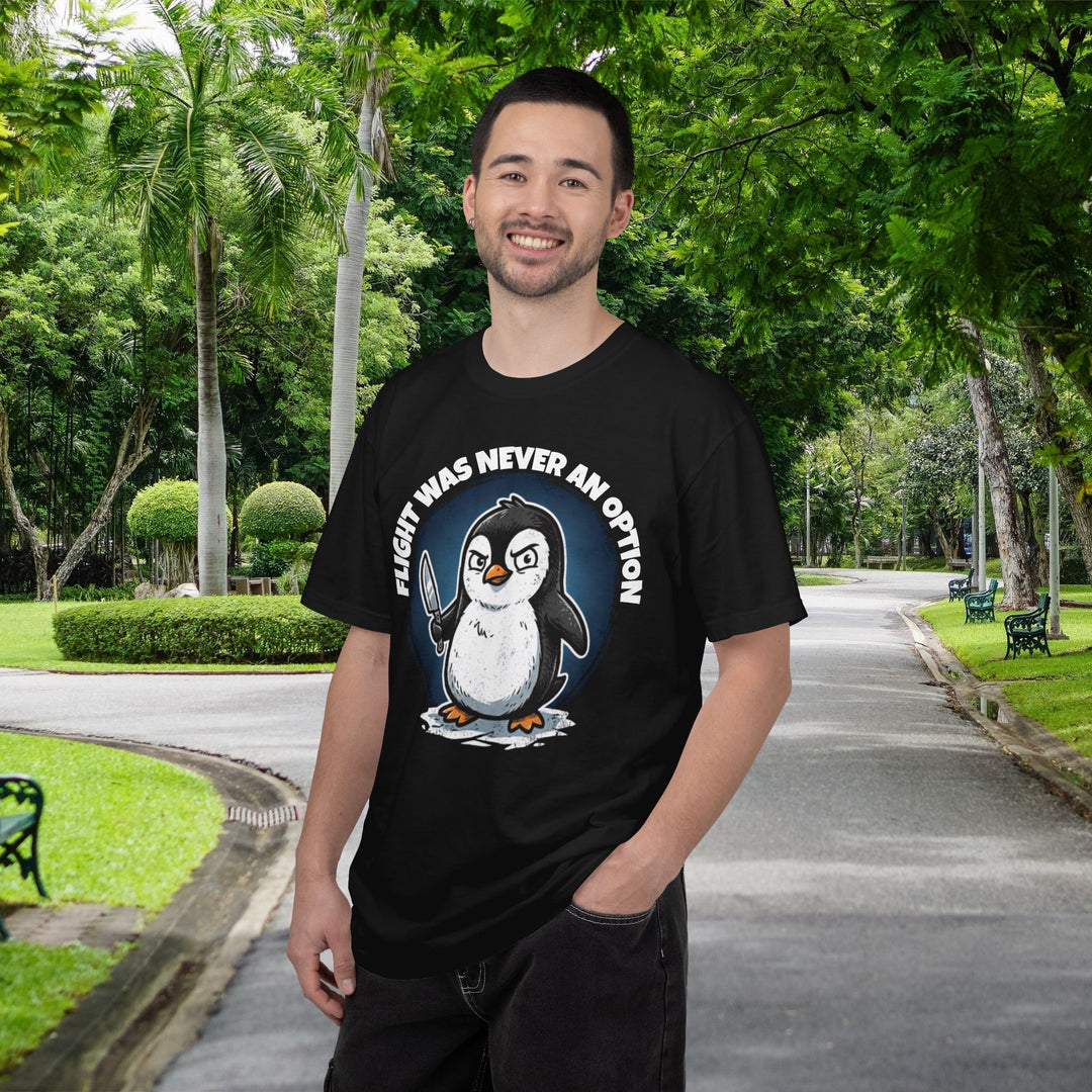 Flight Was Never An Option | Funny Penguin T-Shirt with Penguin Holding a Knife | Ironic Fight or Flight Response