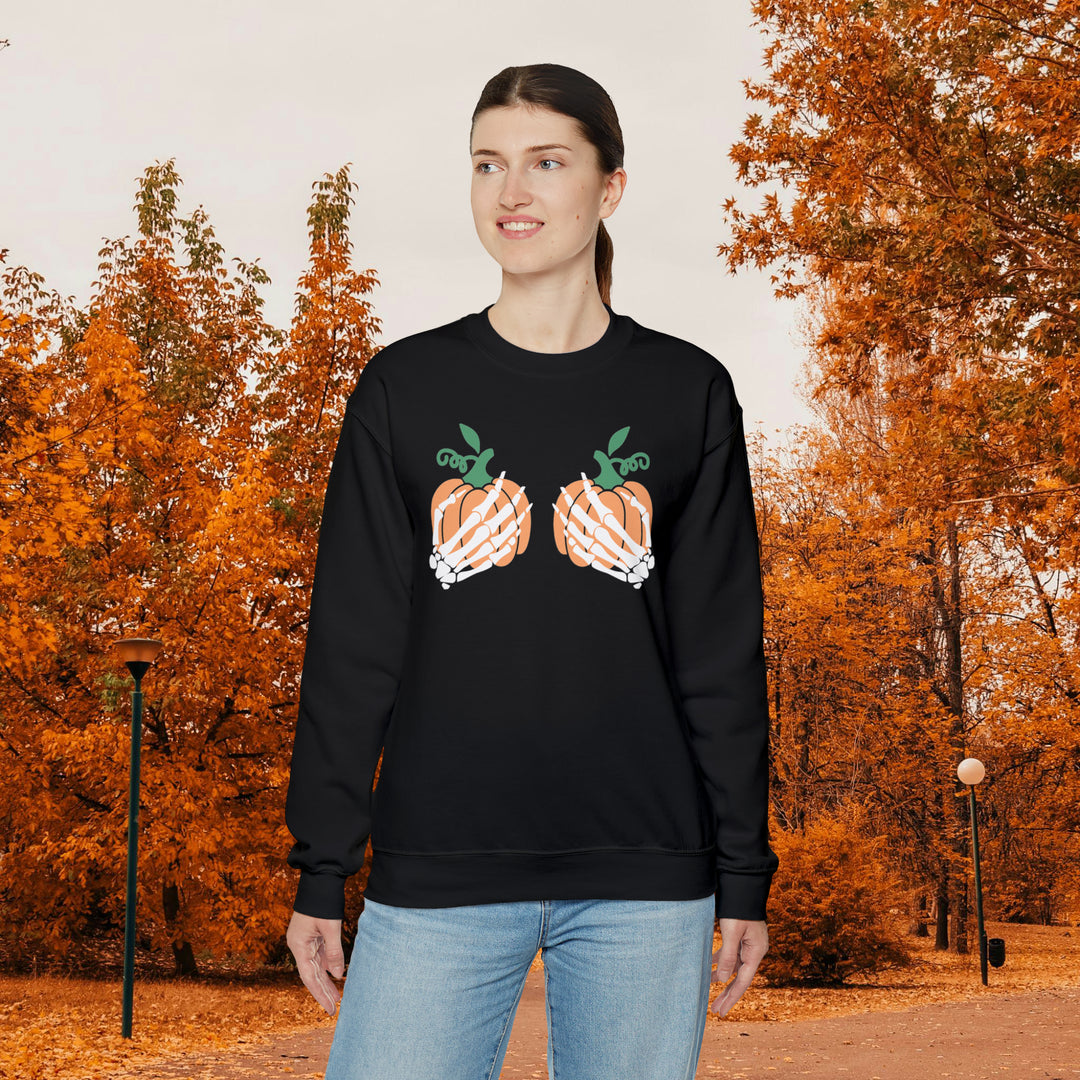 Skeleton Hands Around Pumpkin Boobs Fall Sweatshirt