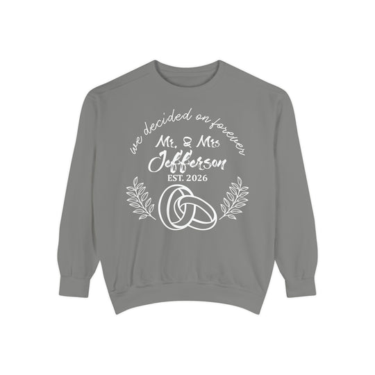 Personalized Mr. &amp; Mrs. Wedding Sweatshirt | Custom Last Name and Est. Date | Comfort Colors 1566 Pullover Sweatshirt