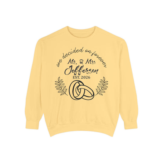 Personalized Mr. &amp; Mrs. Wedding Sweatshirt | Custom Last Name and Est. Date | Comfort Colors 1566 Pullover Sweatshirt