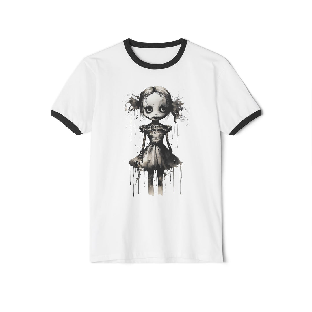 Creepy Watercolor Doll Fall Ringer Tee | Halloween Horror Graphic T-Shirt