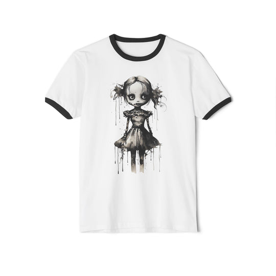 Creepy Watercolor Doll Fall Ringer Tee | Halloween Horror Graphic T-Shirt