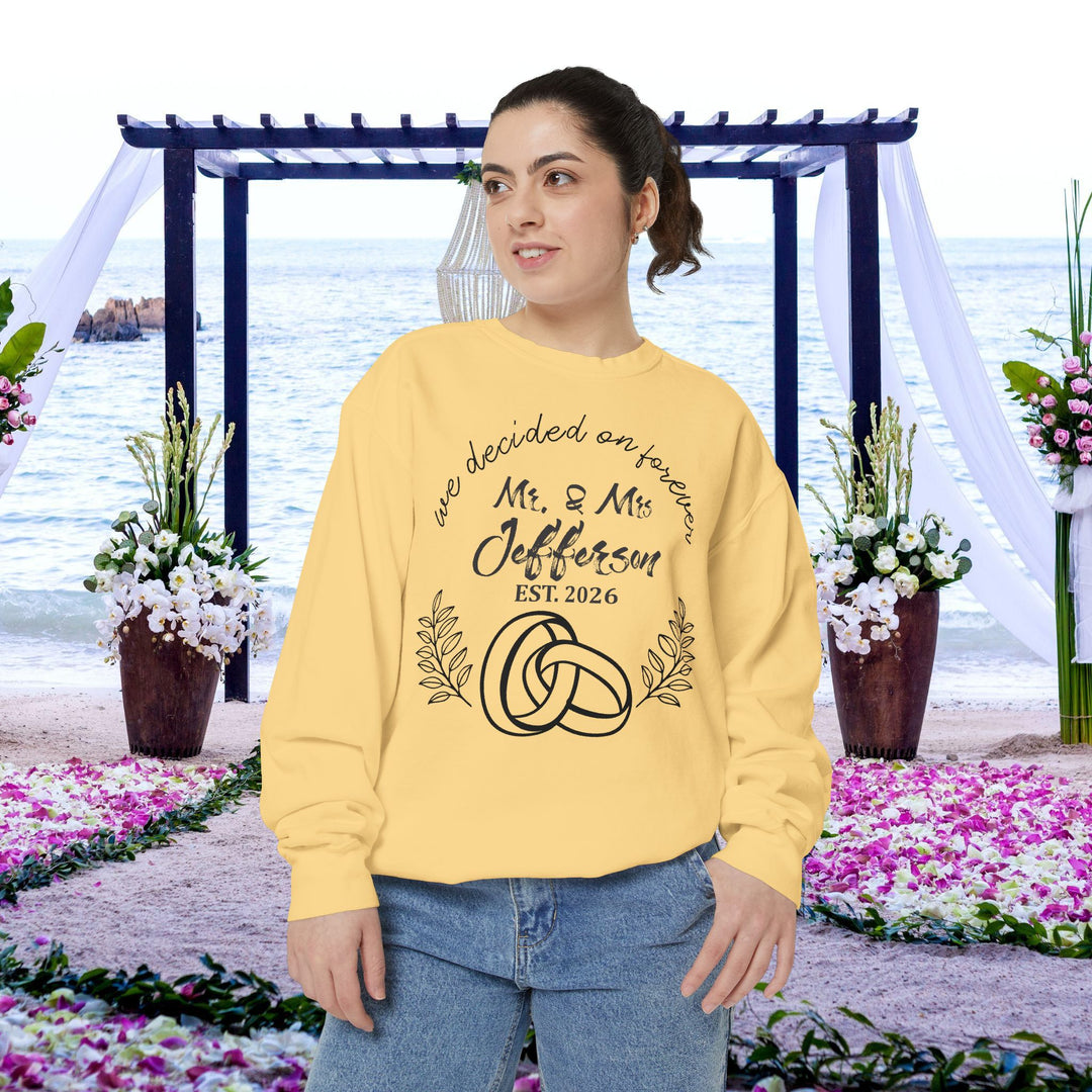 Personalized Mr. &amp; Mrs. Wedding Sweatshirt | Custom Last Name and Est. Date | Comfort Colors 1566 Pullover Sweatshirt