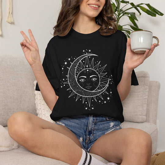 Celestial Boho Moon &amp; Sun Line T-Shirt | Mystical Spiritual Graphic Tee