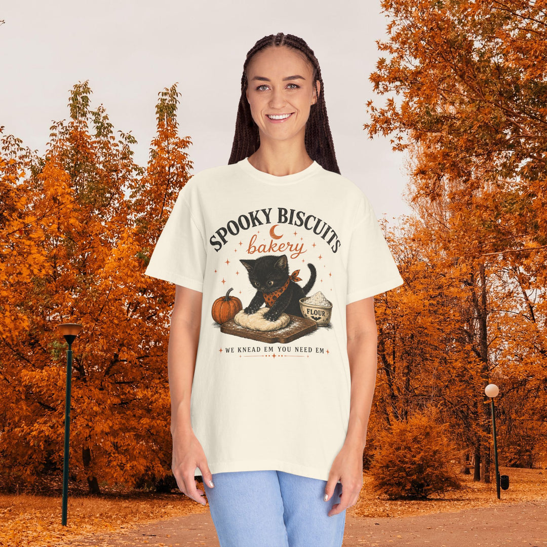 Funny Fall Spooky Biscuits T-Shirt | Cat Lovers Trendy Fall Shirt with "We Knead Them, You Need" Them Slogan