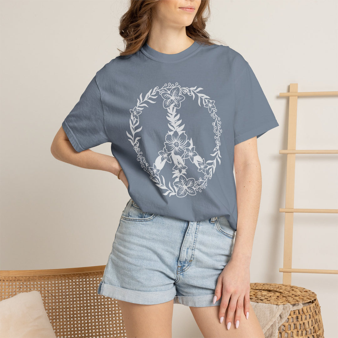Peace Sign BOHO Floral Heart T-Shirt | Fall Flowers &amp; Hearts Comfort Colors® Tee for Women