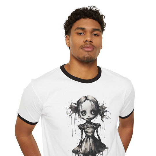 Creepy Watercolor Doll Fall Ringer Tee | Halloween Horror Graphic T-Shirt