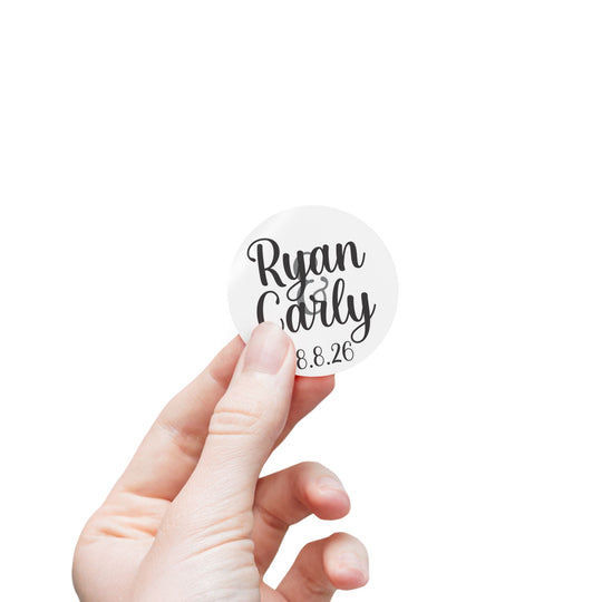 Script Names with Date Round Wedding Name Labels | Roll of 50, 100, 250 Stickers
