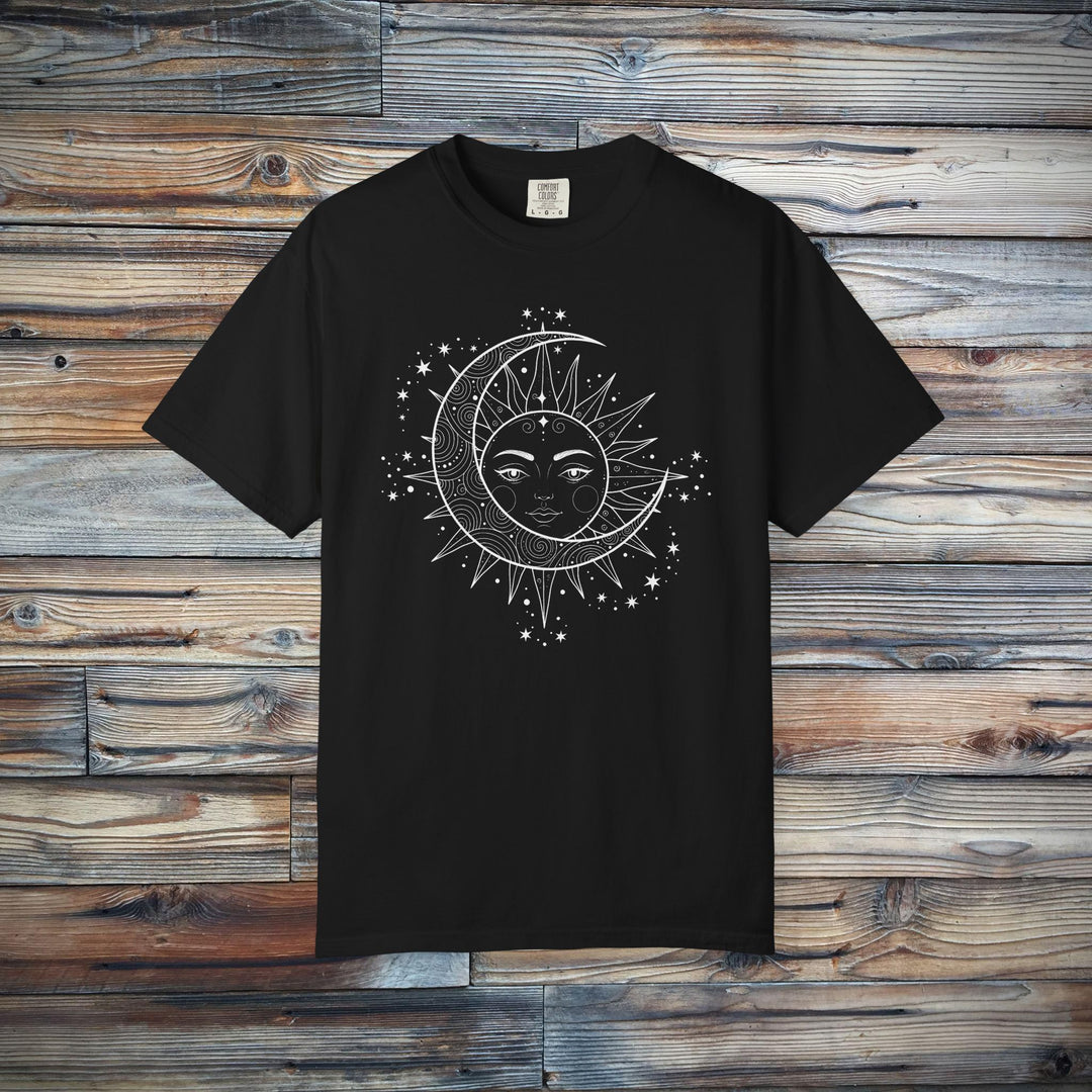 Celestial Boho Moon &amp; Sun Line T-Shirt | Mystical Spiritual Graphic Tee