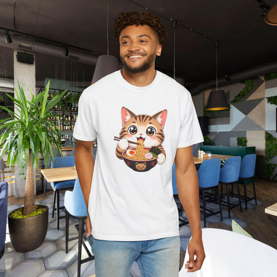 Cat Ramen Anime T-Shirt | Kawaii Cat Eating Ramen Noodles | Unisex Graphic Tee