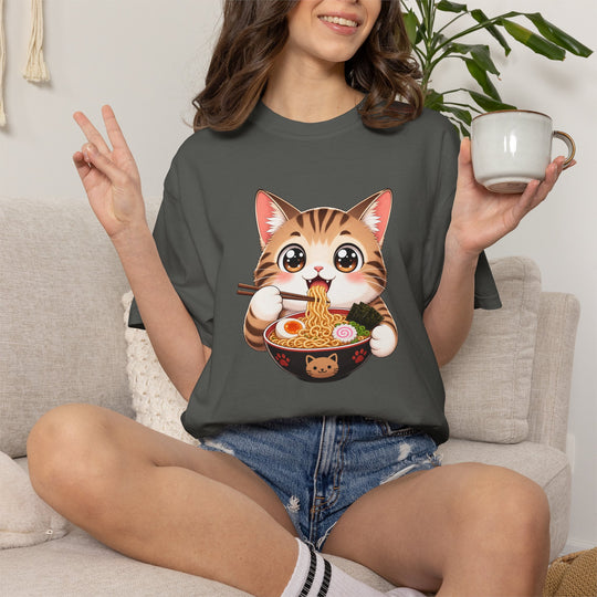 Cat Ramen Anime T-Shirt | Kawaii Cat Eating Ramen Noodles | Unisex Graphic Tee