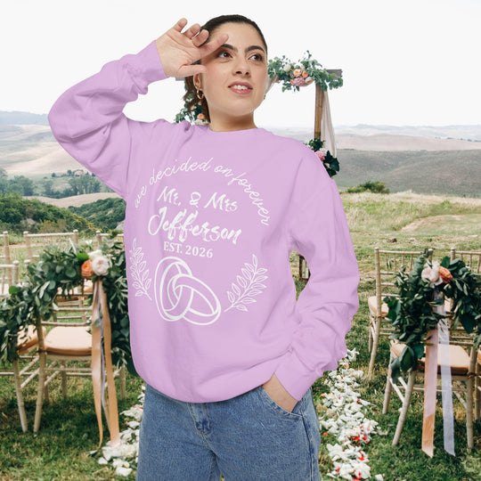 Personalized Mr. &amp; Mrs. Wedding Sweatshirt | Custom Last Name and Est. Date | Comfort Colors 1566 Pullover Sweatshirt