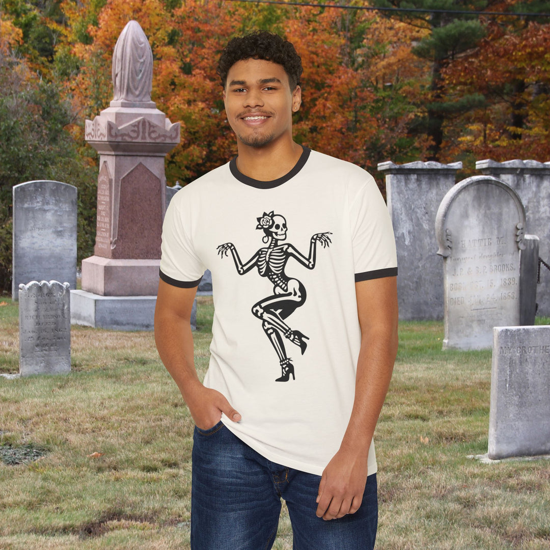 Dancing Pin-Up Skeleton Ringer Tee | Retro Halloween Skull Shirt