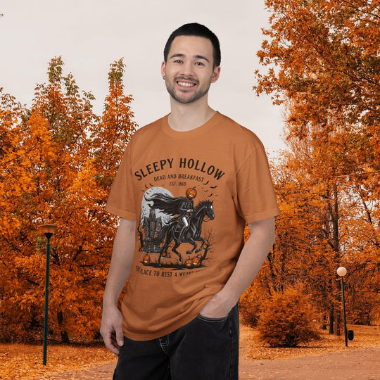 Sleepy Hollow Dead and Breakfast T-Shirt | Halloween Pumpkin Graphic Tee | Cute Autumn Thanksgiving Shirt