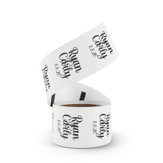 Script Names with Date Round Wedding Name Labels | Roll of 50, 100, 250 Stickers