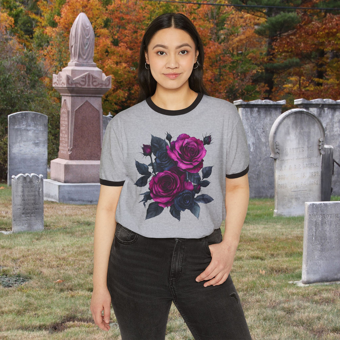 Pink &amp; Black Rose Floral Bouquet Ringer Tee | Vintage Romantic Graphic T-Shirt