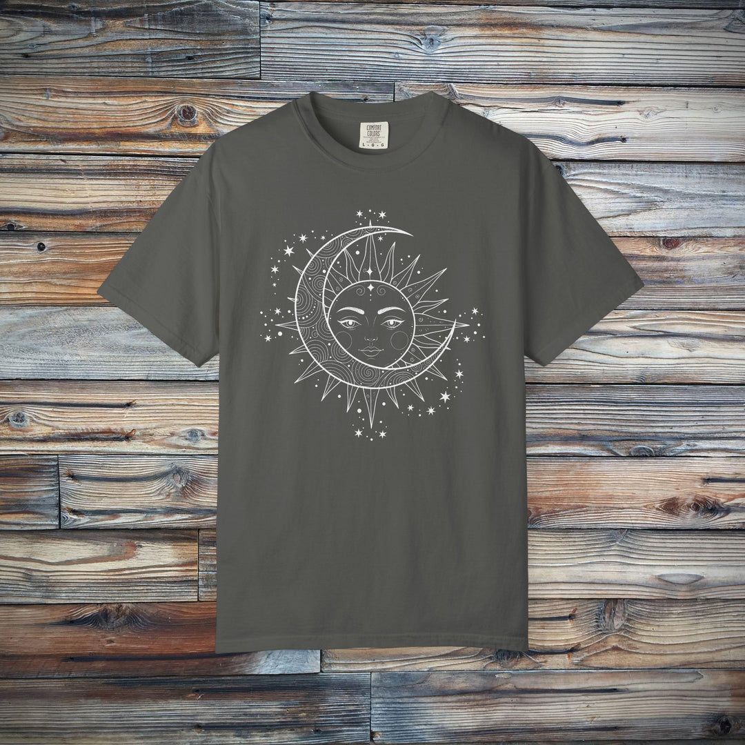 Celestial Boho Moon &amp; Sun Line T-Shirt | Mystical Spiritual Graphic Tee