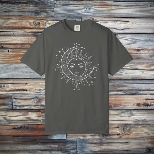 Celestial Boho Moon &amp; Sun Line T-Shirt | Mystical Spiritual Graphic Tee