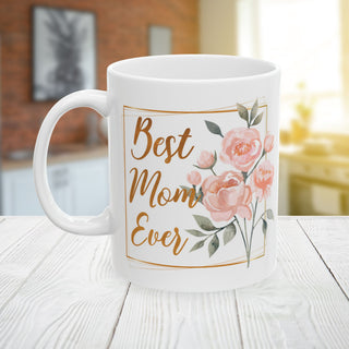 Personalized Best Mom Ever Coffee Mug with Watercolor Floral Bouquet | Custom Gift for Mom Ceramic Mug