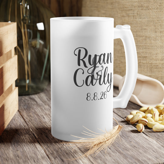 Custom Wedding Favor Beer Mug | Personalized 16oz Frosted Glass Beer Mug with Bride and Groom Names and Wedding Date