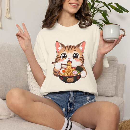 Cat Ramen Anime T-Shirt | Kawaii Cat Eating Ramen Noodles | Unisex Graphic Tee