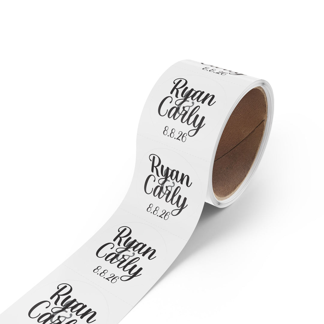 Script Names with Date Round Wedding Name Labels | Roll of 50, 100, 250 Stickers