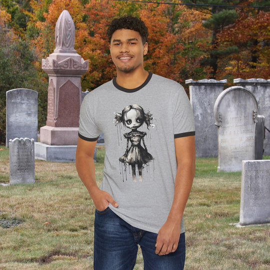 Creepy Watercolor Doll Fall Ringer Tee | Halloween Horror Graphic T-Shirt