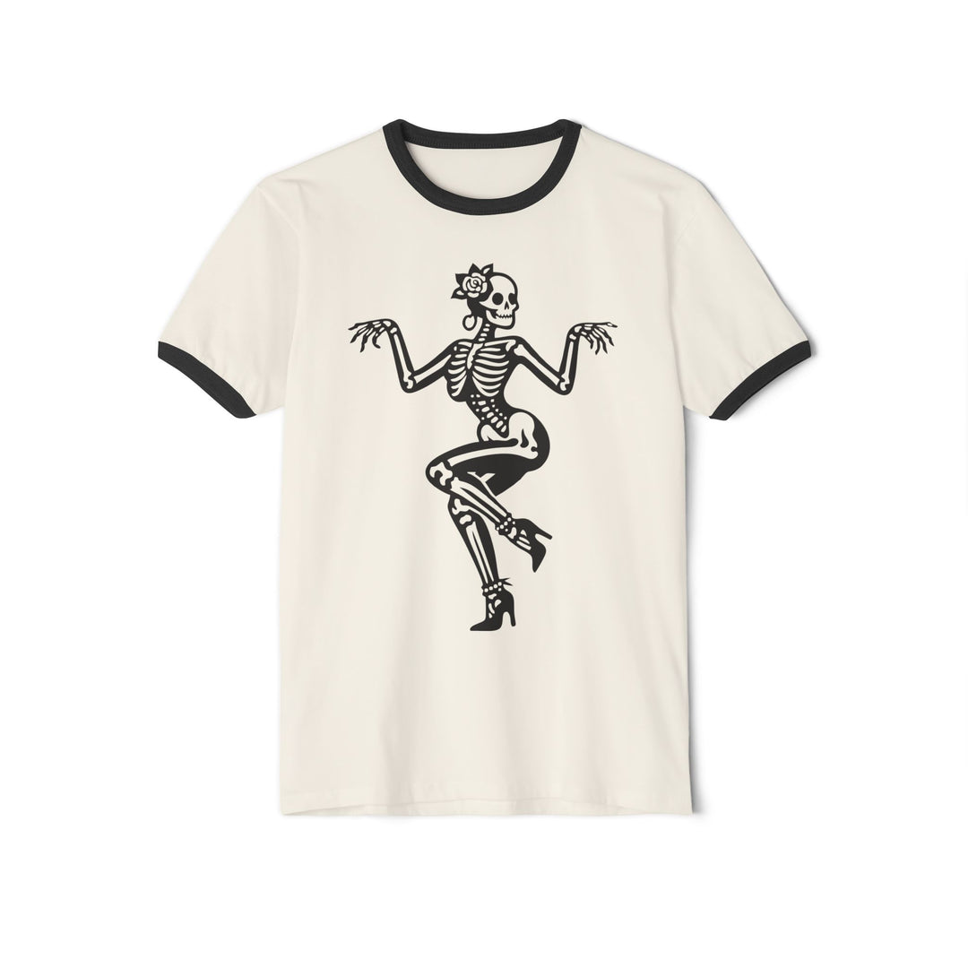Dancing Pin-Up Skeleton Ringer Tee | Retro Halloween Skull Shirt