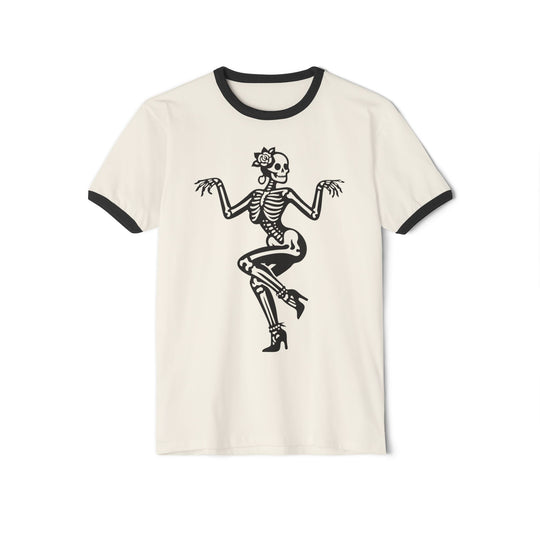Dancing Pin-Up Skeleton Ringer Tee | Retro Halloween Skull Shirt