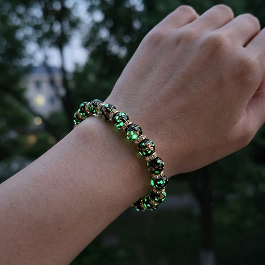 Glowing Stretch Bracelet | 8mm Luminous Glass Beads with Gold Flakes &amp; Jeweled Spacers