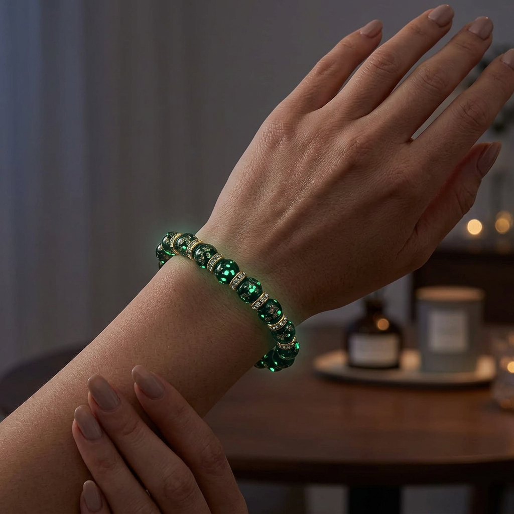 Glowing Stretch Bracelet | 8mm Luminous Glass Beads with Gold Flakes &amp; Jeweled Spacers