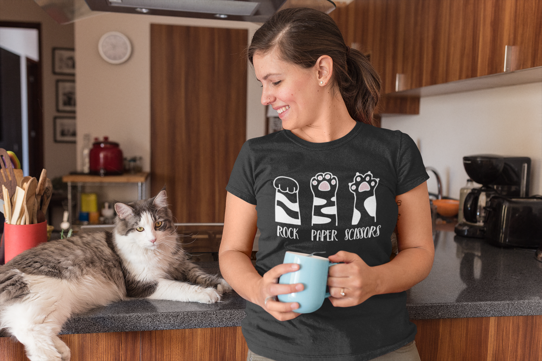 Rock Paper Scissors Cat T-Shirt | Funny Cat Lover Shirt with Cat Paws