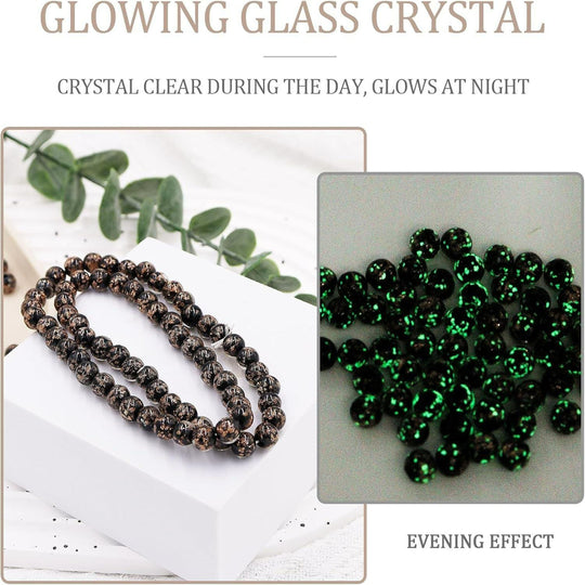Glowing Stretch Bracelet | 8mm Luminous Glass Beads with Gold Flakes &amp; Jeweled Spacers